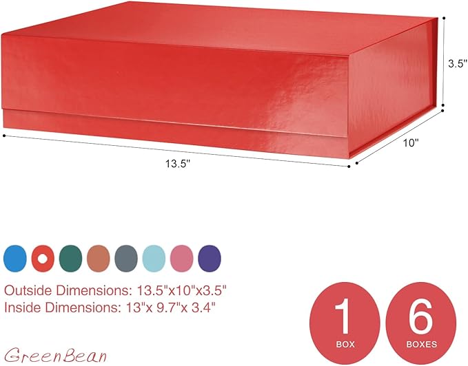 GREEN BEAN Gift Box 13x9.7x3.4 Inches, Large Red Gift Box with Lid for Presents, Magnetic Shirt Gift Boxes for Clothes (Glossy Metallic Red, Dot Design Inside)
