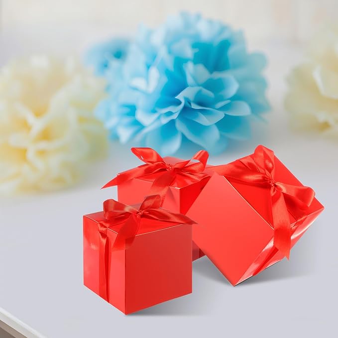 48 Pcs Christmas Gift Boxes with Ribbon Small Party Favor Boxes with Lids Mini Treat Candy Container for Wedding, Party, Birthday, Valentine's Day and More(Red,2 Inch)