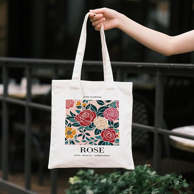 Month Flower Canvas Tote Bag, June Rose Reusable Shoulder Bags, Gifts to Sister and Friends, Holiday Gift Bags for Wrap Storage, Casual Canvas Totes for Work Traveling