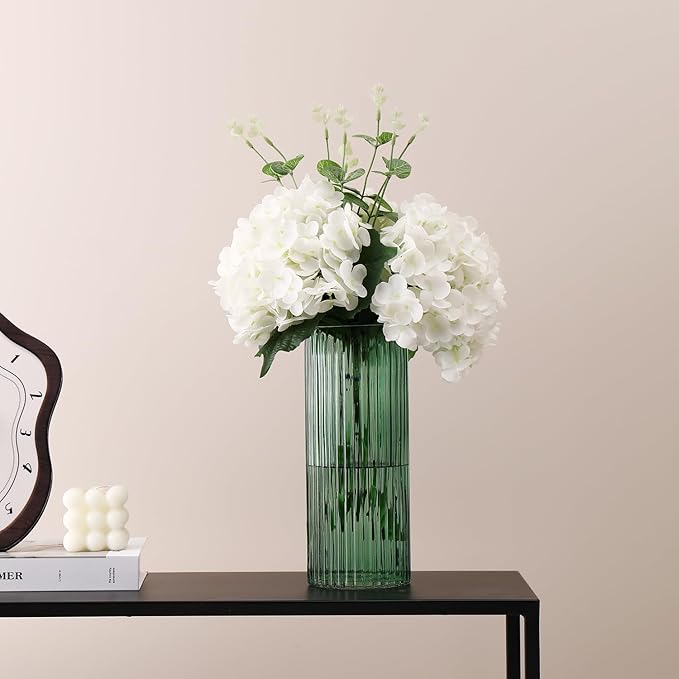 Green Glass Vase, Glass Flower Vase, Ribbed Glass Vase, Green Vase, Tall Cylinder Glass Vases for Centerpieces, Living Room, Bedroom, Dining Table, Office, Wedding, Bookshelf, 10 Inches