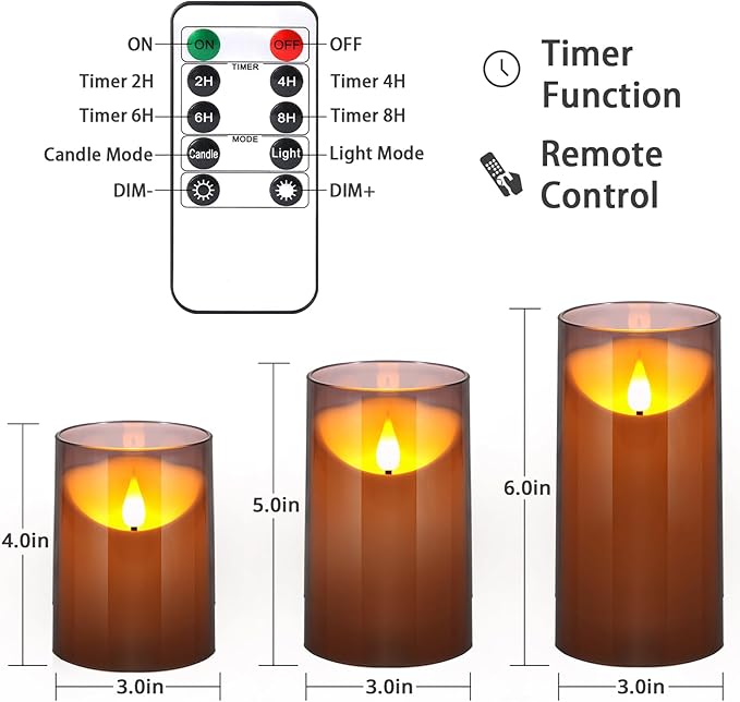 NURADA Flameless Candles with Remote Timer: 3D Wick Battery Operated Led Pillar Unbreakable Acrylic Fake Candle Set for Home Decoration Romantic Ambiance - Grey 3 Pack