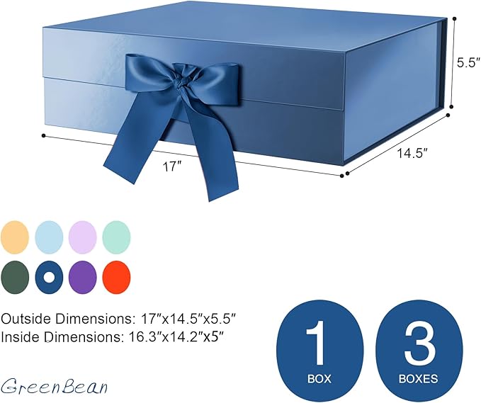 GREEN BEAN 3 Extra Large Gift Boxes with Lid 16.3 x 14.2 x 5 Inches Blue Magnetic Gift Box with Ribbon for Clothes and Large Presents Christmas Halloween(Glossy Blue)