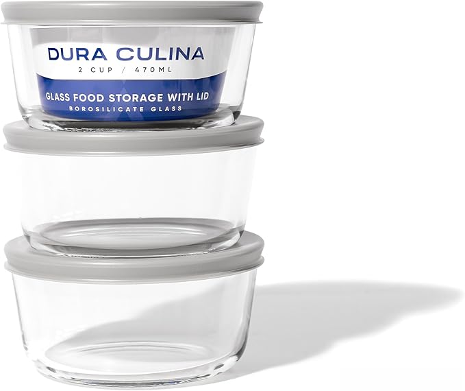 DURA LIVING 6-Piece Glass Food Storage Containers Set (3 Containers + 3 BPA-Free Lids) | 2-Cup, Leakproof | Microwave, Freezer, Oven & Dishwasher Safe | Ideal for Meal Prep & Pantry Organization