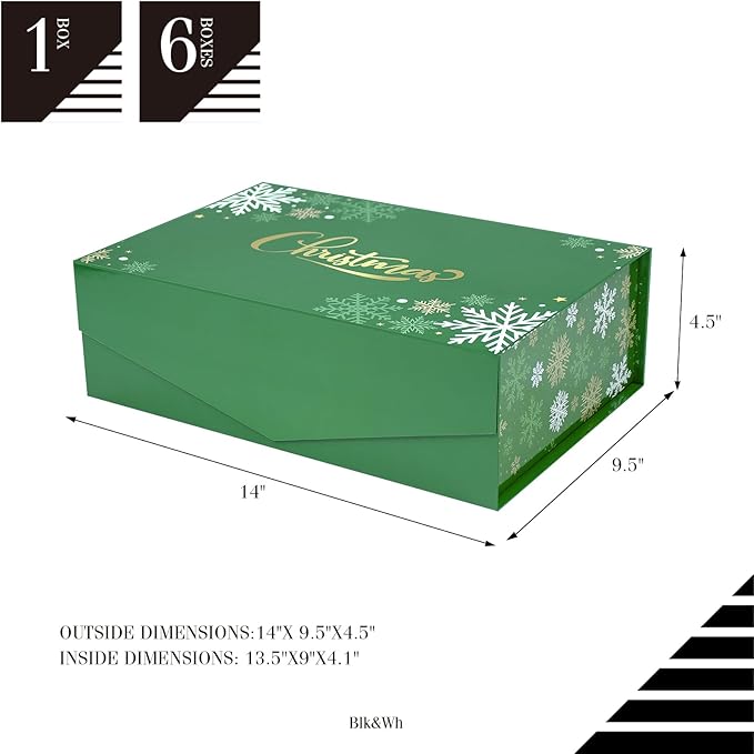 BLK&WH Christmas Gift Box 13.5x9x4.1 Inches, Green Large Collapsible Gift Box with Magnetic Lid (Green, Snowflake)