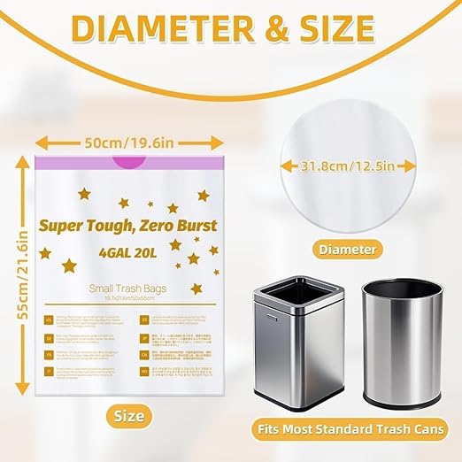 OKKEAI 4 Gallon Bathroom Trash Bags, Small White Drawstring Garbage Bags 60 Count – Heavy Duty Leak-Proof Tear-Free Wastebasket Liners with Safety Warning for Bathroom, Kitchen, Bedroom, Office