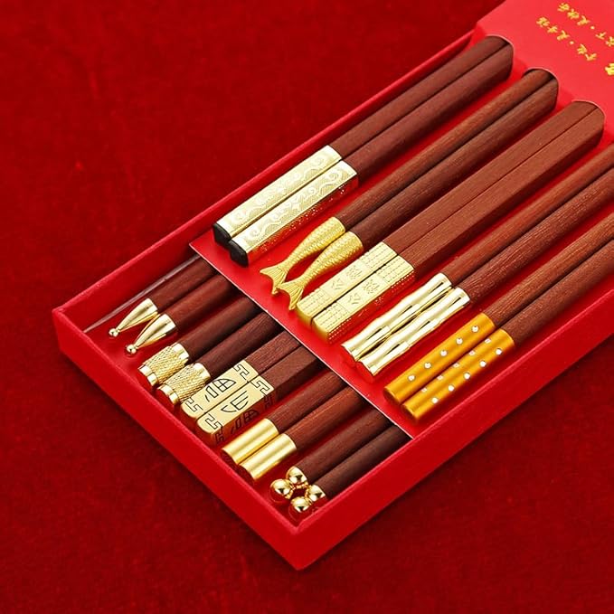 sandalwood chopsticks, 10 pairs of wooden chopsticks gift box, Chinese, Japanese, reusable wooden chopsticks, dishwasher-safe chopsticks (9.8 inches),Chinese New Year Gift Box (Chinese 十全十美)