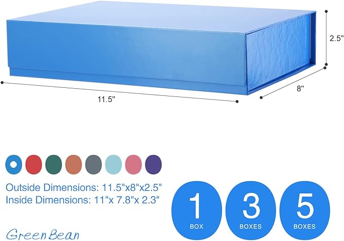 GREEN BEAN Gift Box 11x7.8x2.3 Inches, Blue Gift Box with Lid for Presents, Magnetic Shirt Gift Boxes for Clothes (Glossy Metallic Blue, Polka Dot Design Inside)