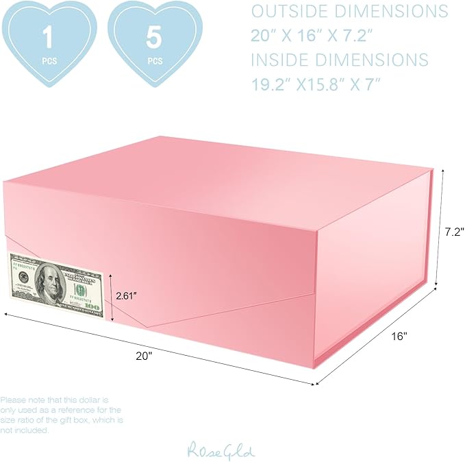 ROSEGLD Extra Large Gift Box 20x16x7.2 Inches, Giant Pink Magnetic Gift Box with lids for Presents, Bridesmaid Proposal Box (Glossy Pink)