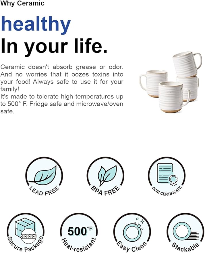 LE TAUCI Coffee Mugs 12 oz, Ceramic Coffee Cups for Latte, Hot Tea, Cappuccino, Mocha, Cocoa, Housewarming Wedding Present Mug Set - Set of 4, Arctic White