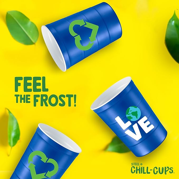 16 oz. Party Cup Earth Day 'Love' Planet Recycle Design for Cold Drinks, Durable, Disposable, Recyclable, Made in USA, Blue 12 Count