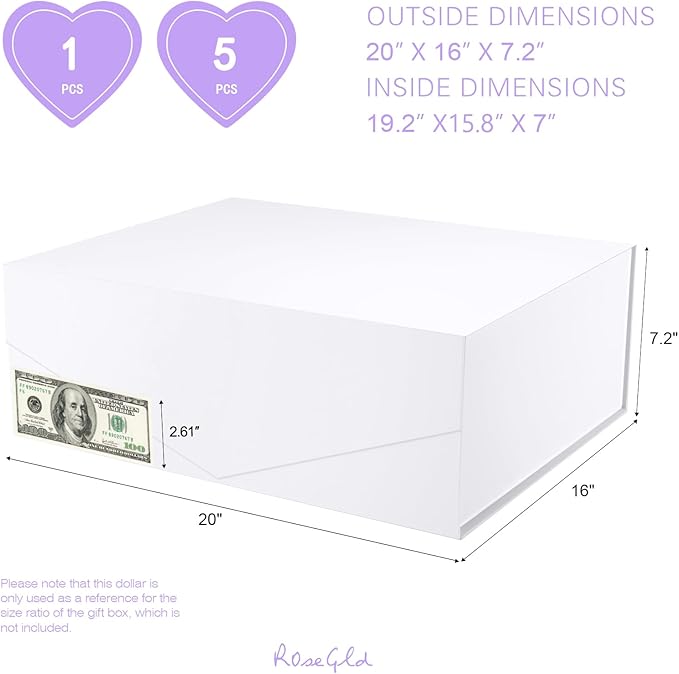ROSEGLD Extra Large Gift Box 20x16x7.2 Inches, Giant White Magnetic Gift Box with lids for Presents, Bridesmaid Proposal Box (Glossy White)