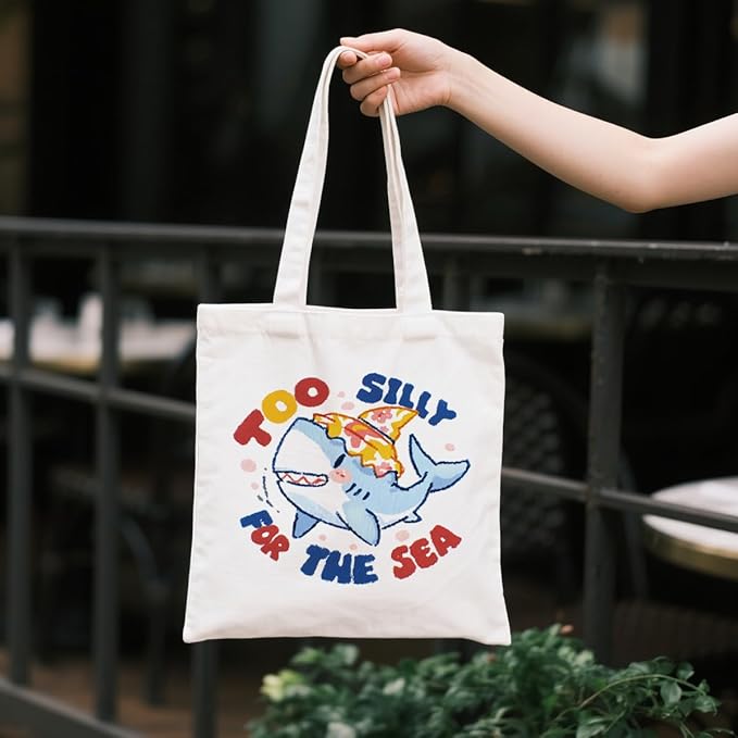 Canvas Tote Bag for Women, Too Silly for The Sea Reusable Shoulder Bags, Shark Totes Bag, Reusable Gift Beach Shopping Totes Bags, Birthday Christmas Gifts to Friends