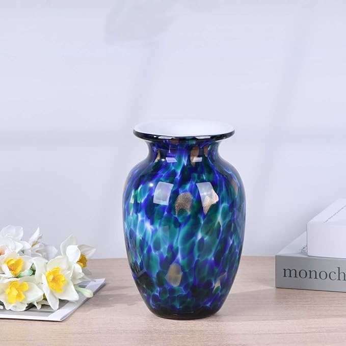 9" Cobalt Blue Blown Glass Vase – Hand Blown Wide Mouth Glass Art Sculpture, Coastal Sea Glass Decor Centerpiece, Unique Nautical Vase for Flowers, Bookshelf, Dining Room or Entryway (Blue)
