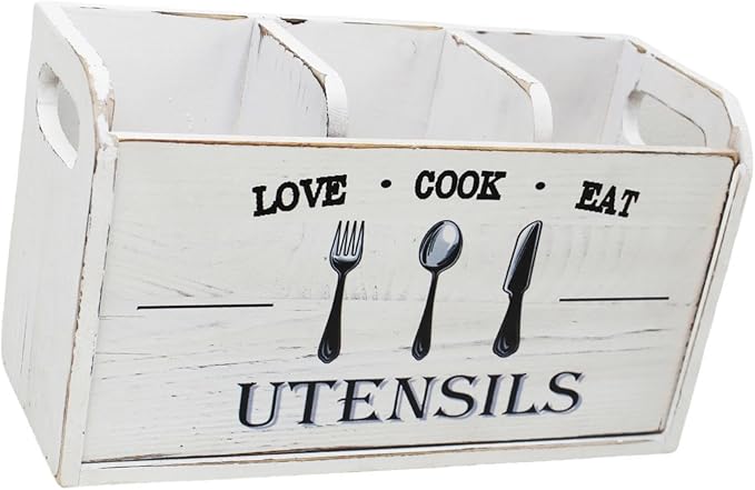 Fenteer Kitchen Utensil Holder Storage Crock Vintage Accessories Wooden Utensil Organizer Cutlery Box for Counter Hotels Restaurants, White