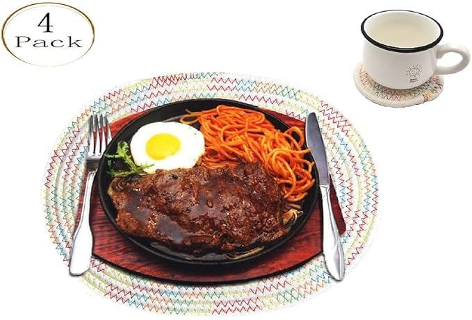 Set of 4 Oval Woven Placemats, Cotton Plate Chargers with 4 Pack Round Coasters, Thick Heat Insulation Household Table Mats Braided Bowl Mats Placemats Fabric Rustic Tablemats for Dining Table