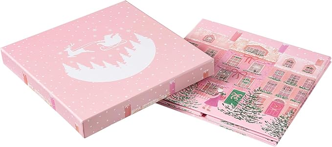 RUSPEPA Christmas Gift Box with Lid, Pink Holiday Townhouse Design with Santa Sleigh Lid, Medium Collapsible Holiday Box with Ribbon, Tissue Paper for Gift Wrapping, Candy Storage, 9x9x9 Inches, 1 Pcs