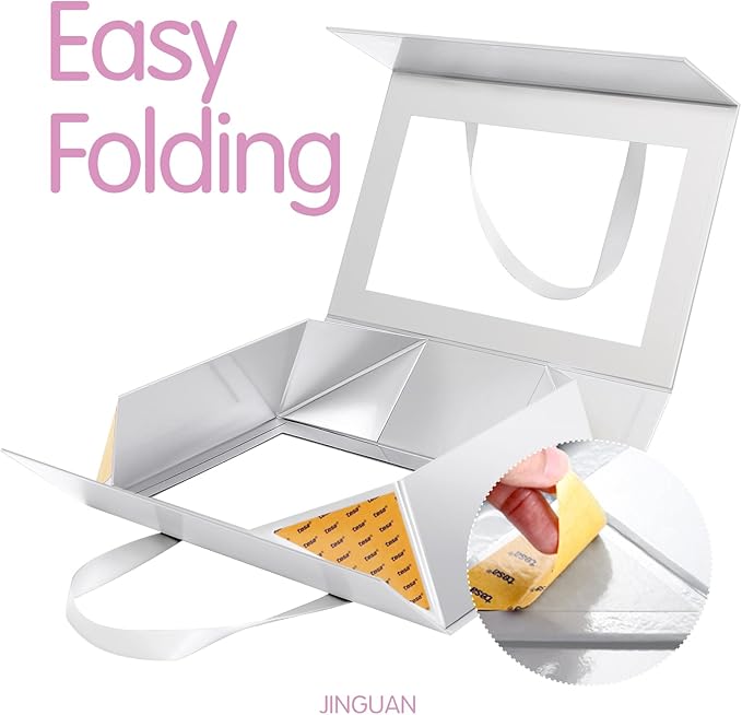 Large Silver Clear Gift Box, 13.5x9x4.1 Inches Gift Box with Window by Handle, Bridesmaid Proposal Box, Collapsible Gift Box with Magnetic Closure (Glossy Silver, 1 Pack)