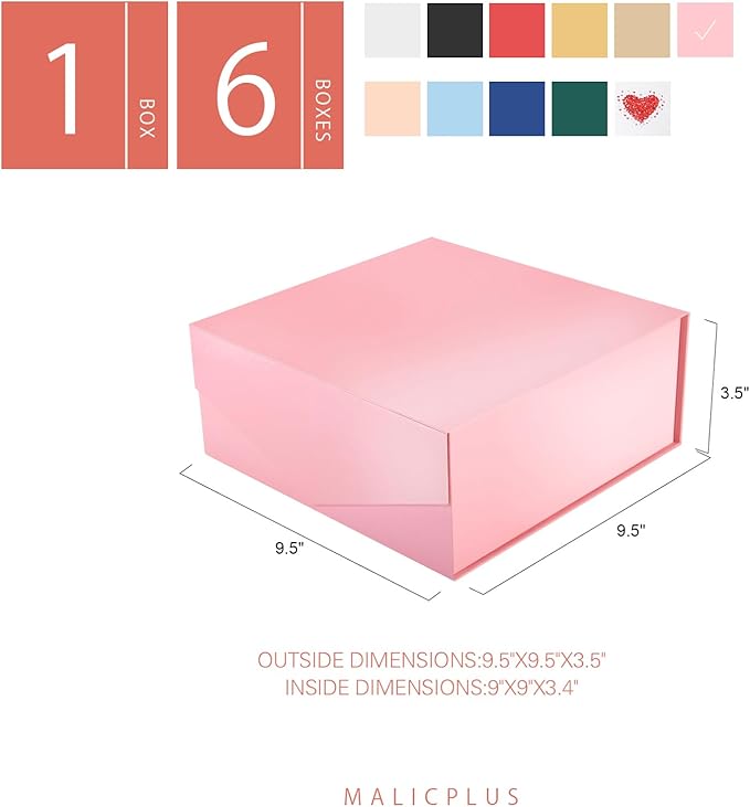 Gift Box with Lid 9x9x3.4 Inches, Pink Bridesmaid Proposal Box with Magnetic Closure for All Occasion (Glossy Pink)