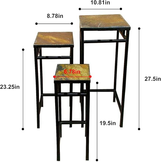 Zhongma Set of 3 Metal Plant Stand with Slate Top Square Flower Shelf without Installation Required
