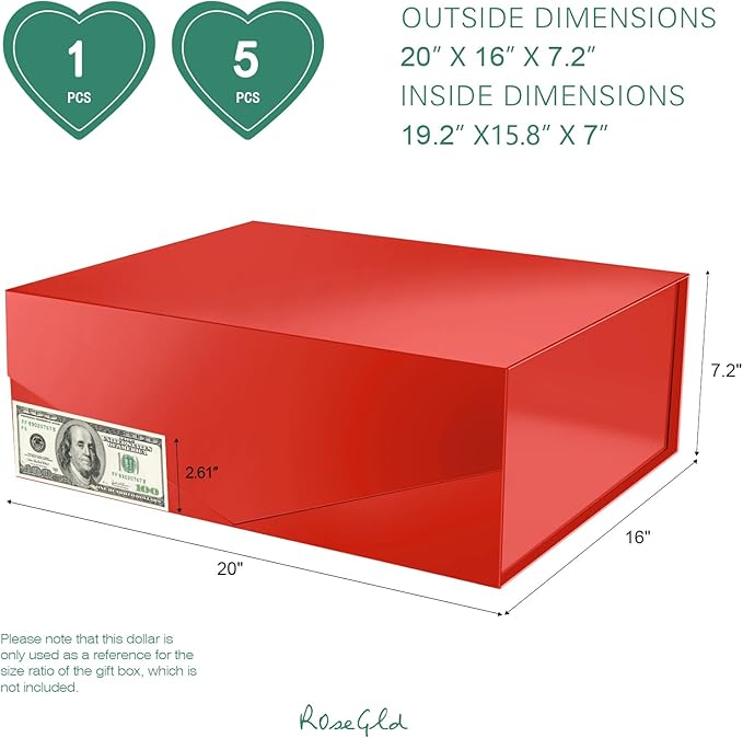 ROSEGLD Extra Large Gift Box 20x16x7.2 Inches, Giant Red Magnetic Gift Box with lids for Presents, Bridesmaid Proposal Box (Glossy Red)