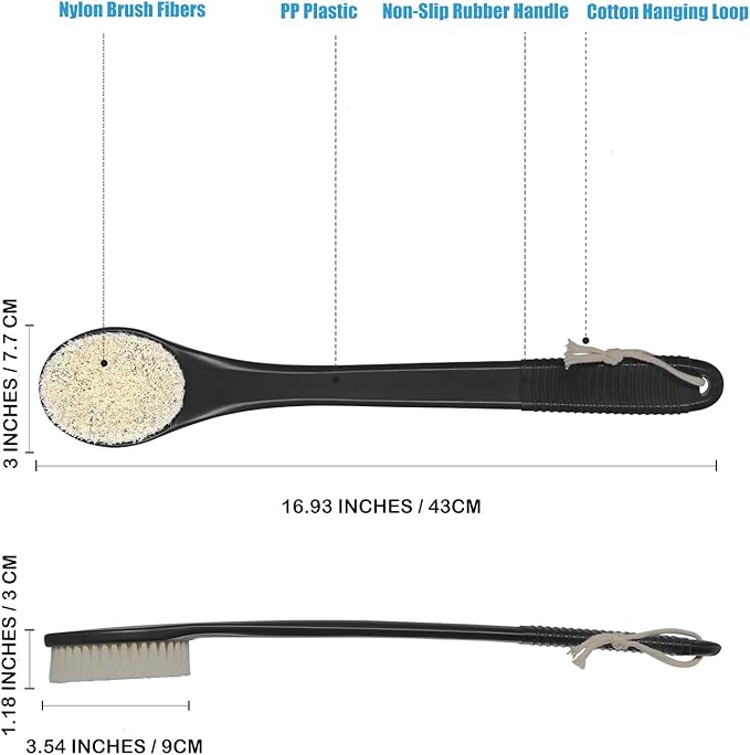 17-Inch Back Scrubber for Shower, Anti-Slip Exfoliating Body Brush for Bath, Gentle Back Brush for Shower for Men, and Women, Cleaning Skin for Smooth, Glowing Skin (Black)