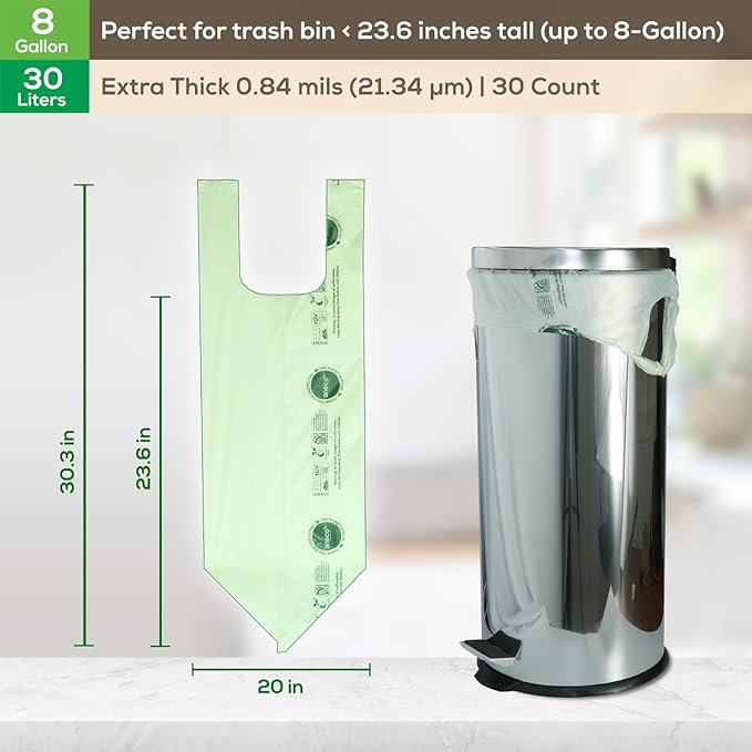 ANECO 8 Gallon Compostable Kitchen Food Waste Bags with Handles (30 Count), Leak-proof Compost Bags for Tall Kitchen Bin, Large 8 Gallon Bags Certified by BPI & OK Compost HOME