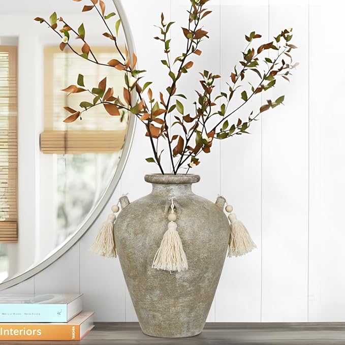 9.4" Large Ceramic Vase for Centerpieces - Rustic Farmhouse Vase with 4 Ears & Tassels, Terracotta Vintage Flower Vases for Tabletop, Desk, Living Room, Bedroom, Entryway, Holiday & Weddings Decor