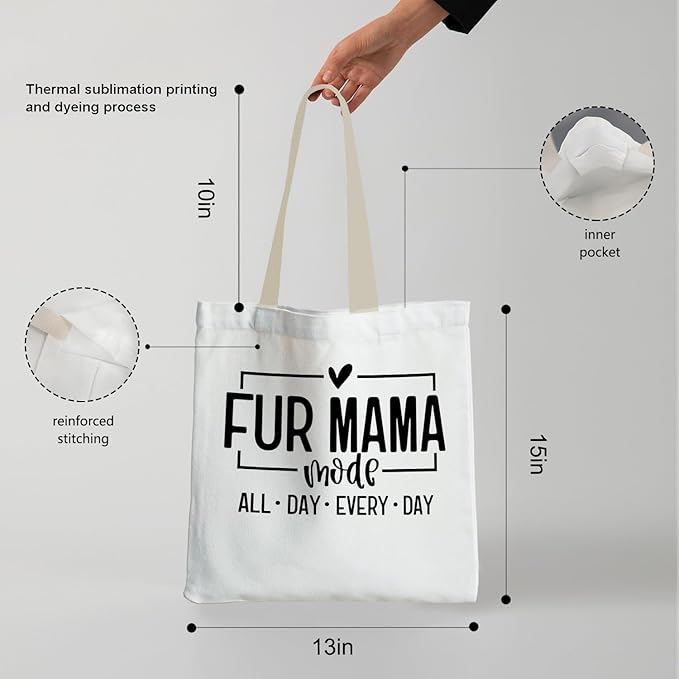 Fur Pet Mama Mom Tote Bag, Dog Cat Mom Gifts Canvas Tote Bags for Women, Gifts for Cat Dog Pet Lovers Reusable Grocery Shopping Bags