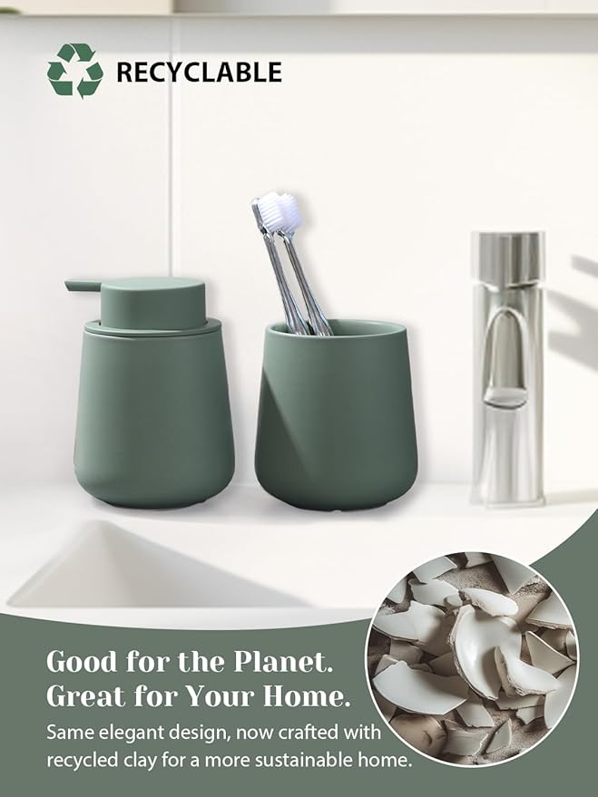 INGOFIN Ceramic Lotion Dispenser - 12oz Refillable Hand Soap Dispenser Bathroom, Modern Liquid Dispenser with Pump, Dish Dispenser for Kitchen, Matte Green