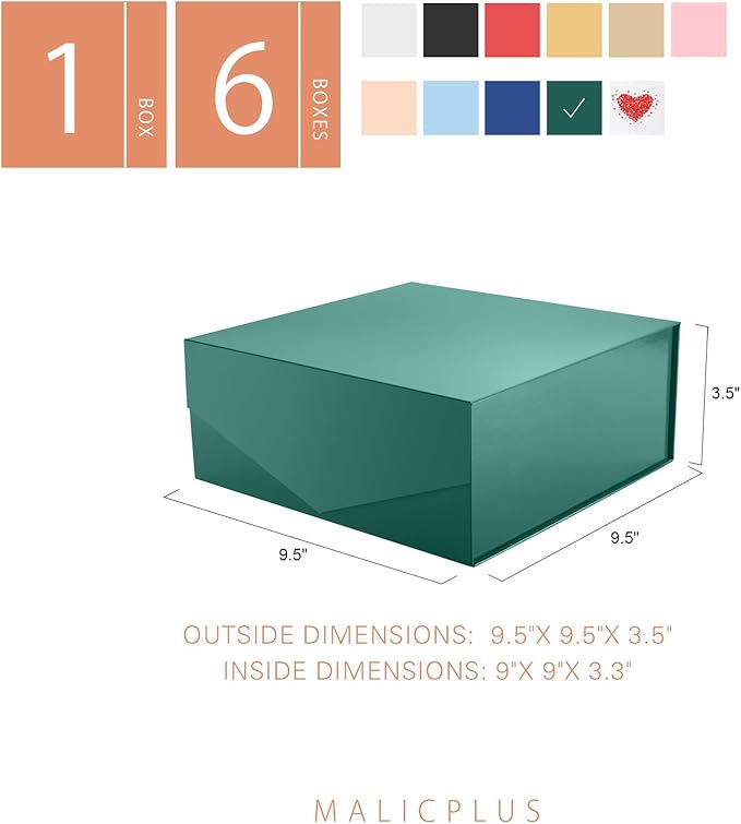 6 Gift Boxes with Lids 9x9x3.4 Inches, Green Groomsmen Proposal Boxes with Magnetic Closure for All Occasion (Glossy Green)