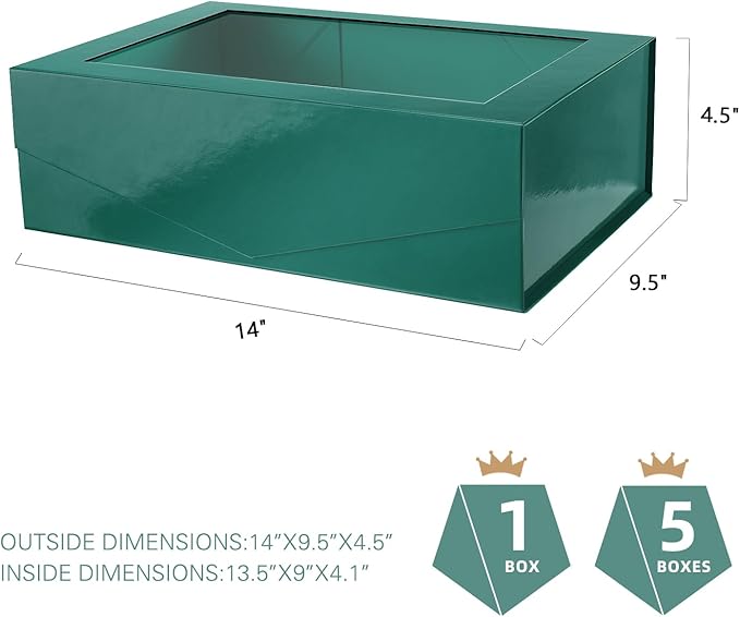 PACKQUEEN Large Green Christmas Gift Box with Window, 13.5x9x4.1 Inches Clear Gift Box for Present Contains Ribbon, Card, Groomsman Proposal Box with Magnetic Lid (Glossy Green)
