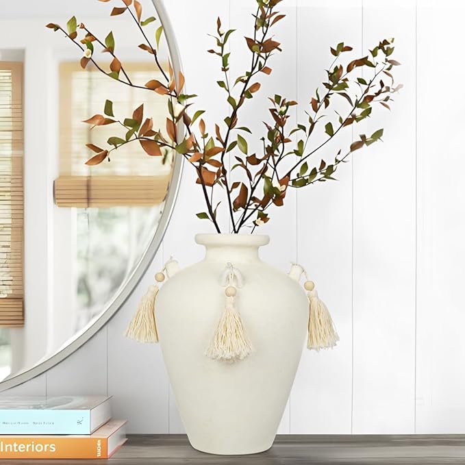 9.4" Large White Ceramic Vase for Centerpieces - Rustic Farmhouse Vase with 4 Ears & Tassels, Terracotta Vintage Flower Vases for Table, Desk, Living Room, Bedroom, Entryway, Holiday & Weddings Decor