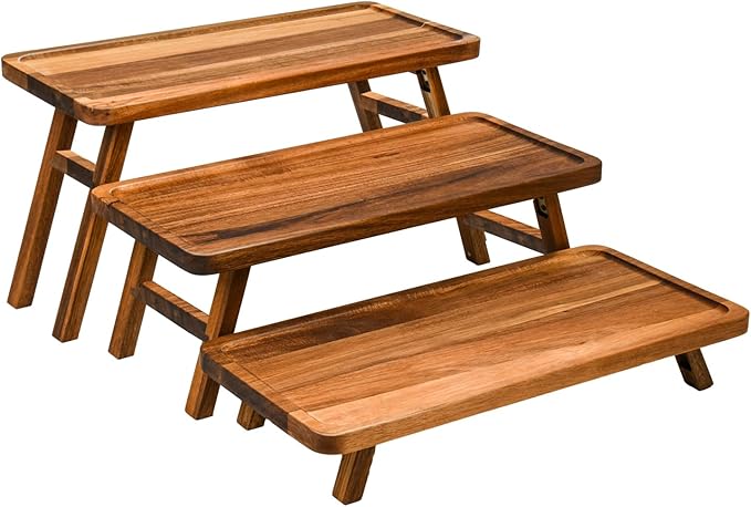 GEHE 3 Tier Serving Stand, Acacia Wood Dessert Table Display Cupcake Stand, Rustic Foldable 3-Tiered Serving Trays & Platters, Large Charcuterie Board for Birthday Wedding Bridal Shower Tea Party
