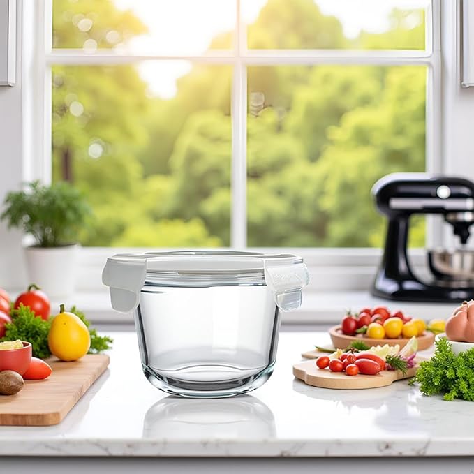 2Cup Glass Soup Container with Airtight lids, 16oz Round Glass food Storage Container, Round Food Bowls BPA free, Leakproof Soup Container, Dishwasher Microwave & Freezer Safe (4 Pack)
