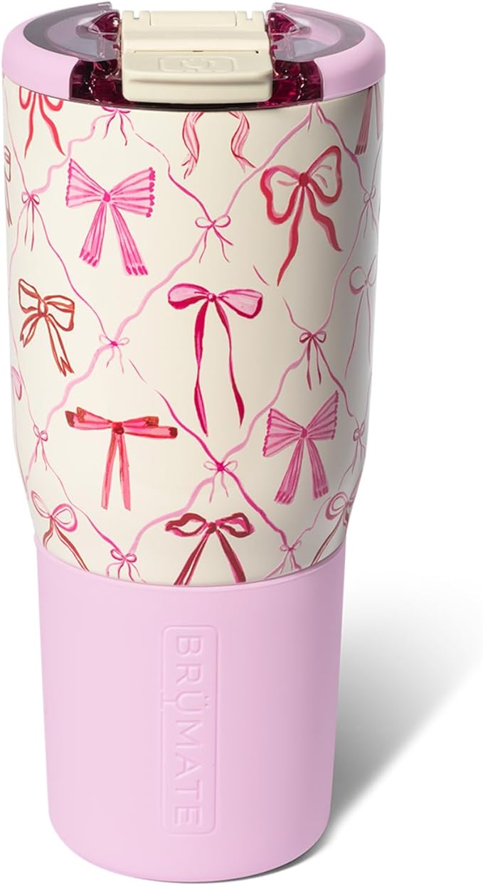 BrüMate Nav 25oz 100% Leak Proof Insulated Travel Tumbler with Magnetic BevLock™ Lid - Double Wall Cup-Holder Friendly Stainless Steel Mug (Bows)