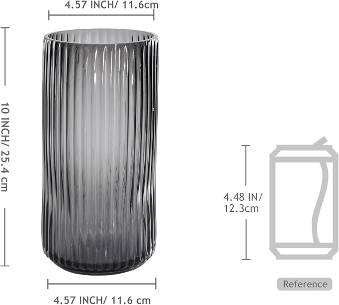 Modern Glass Vase 10 Inch Tall Grey Vases for Flowers-Thick Glass Cylinder Ribbed Vases for Bouquet, Table, Kitchen Shelf, Countertop, Decorative Flower Vase for Home Decor Living Room