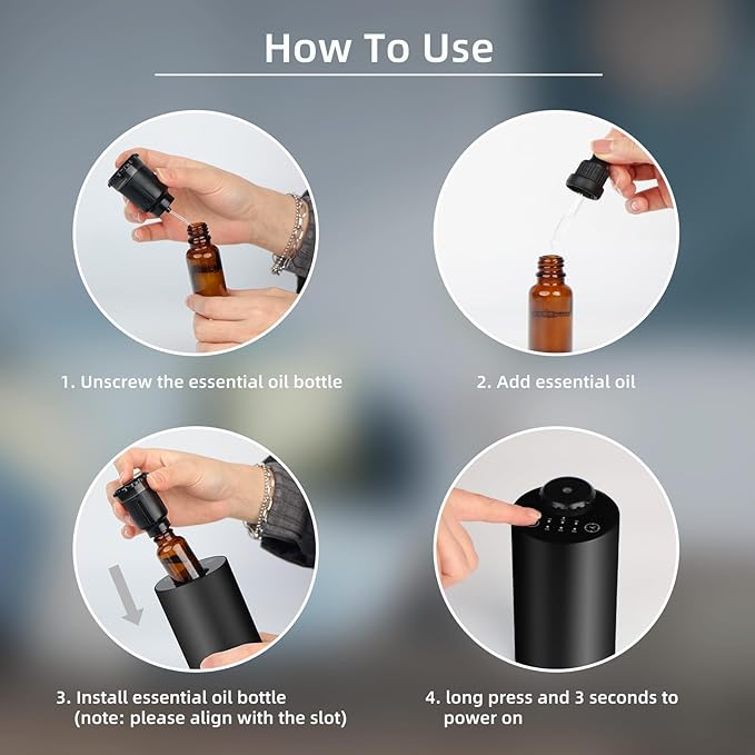 Waterless Essential Oil Diffuser Battery Operated Cordless Aromatherapy Diffuser with Timing & 3 Mist Levels car Diffuser,Black Aluminum Alloy (E10-2A)