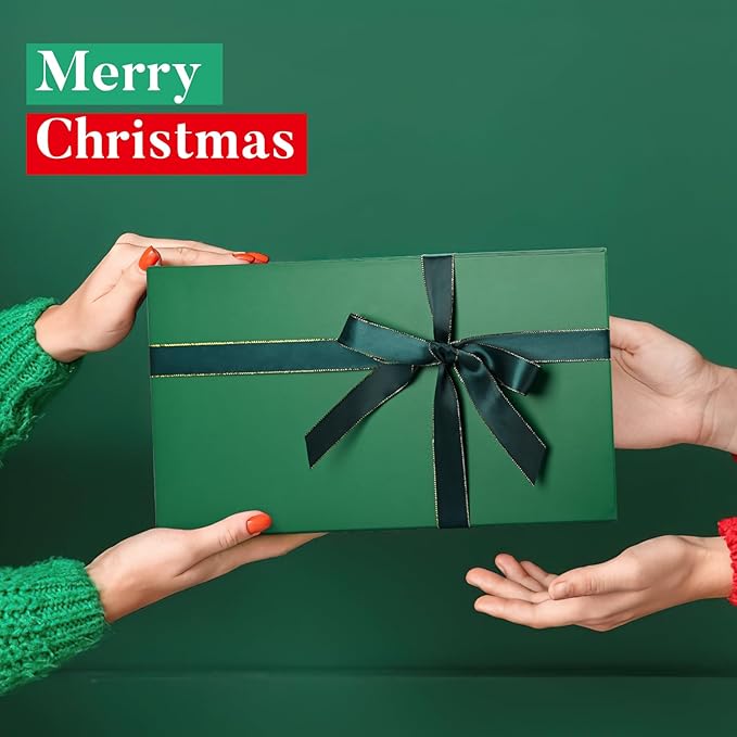 LIFELUM Christmas Gift Box for Presents 1 Pack 13.85 x 8.35 x 4.45 inch Big Decorative Green Gift Box for Clothes with Magnetic Lids Luxury Accessories Card, Ribbon, Filler,Sticker