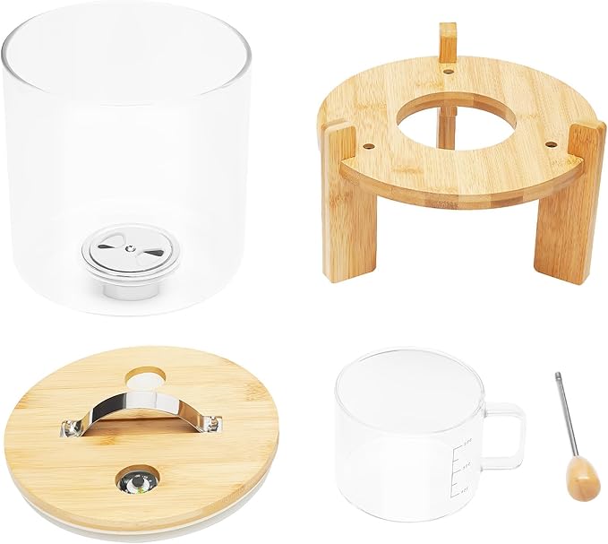 1.32gal Glass Rice Dispenser with Wooden Stand Flour and Cereal Container with Glass Measuring Cup Pantry Food Organization Storage Bin with Airtight Bamboo Lid for Coffee Beans Dry Food