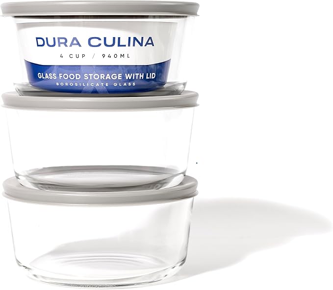 DURA LIVING 6-Piece Glass Food Storage Containers Set (3 Containers + 3 BPA-Free Lids) | 4-Cup, Leakproof | Microwave, Freezer, Oven & Dishwasher Safe | Ideal for Meal Prep & Pantry Organization