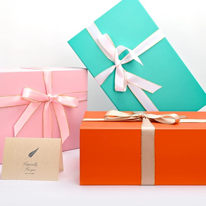 LIFELUM Orange Gift Boxes, 13.85 x 8.35 x 4.45 inch 2 Pack Gift Boxes with Lids Contains Card, Ribbon, Shredded Paper Filler for Holidays,Thanksgiving,Birthdays, Bridal Gifts,Weddings
