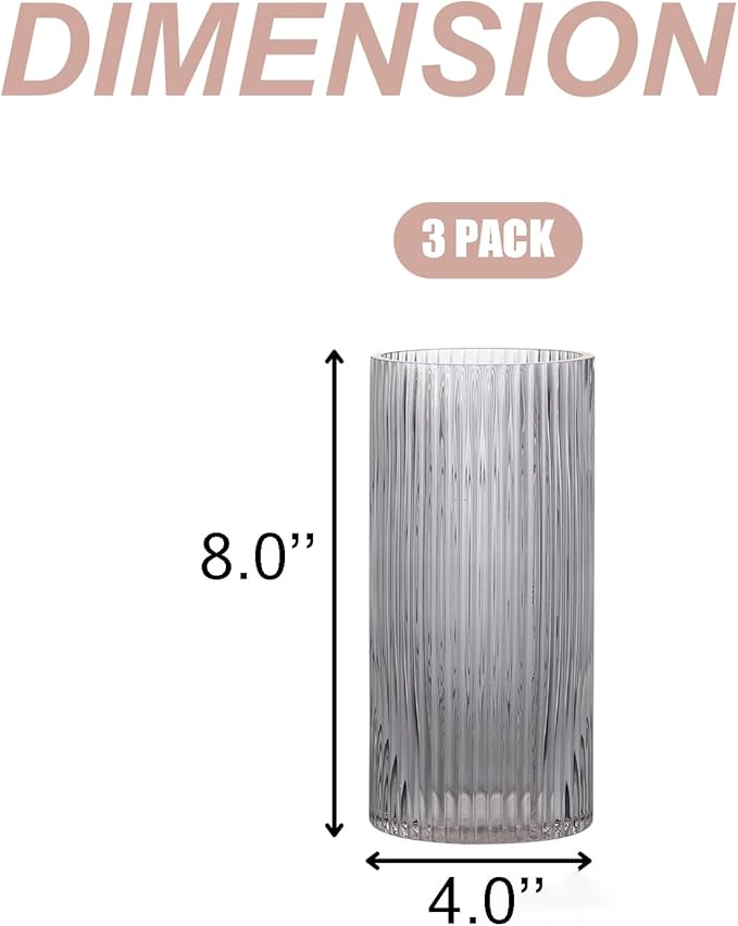 Black Glass Vases, Flower Vases Set of 3, Ribbed Glass Vase for Tulips, Tall Cylinder Glass Vases for Living Room, Bedroom, Dining Table, Office, Wedding, Bookshelf Decoration, 8 Inches