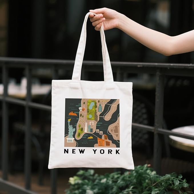 New York Map Canvas Tote Bag, New York Travel Gifts Shoulder Bags, Christmas Gifts to Friends and Family, Reusable Shoulder Tote Bag, Holiday Gift Bags for Wrap Storage
