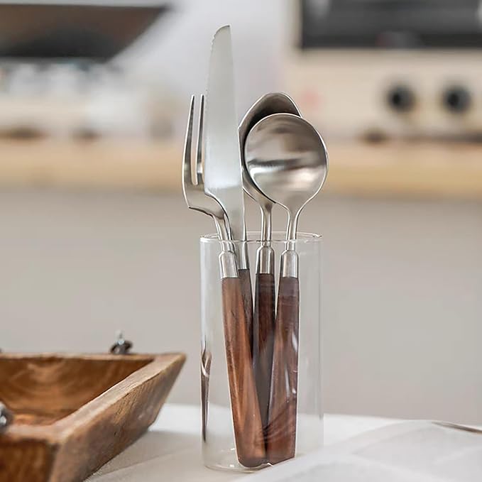 Wood Silverware Set for 4 Wooden Flatware Cutlery Utensils Set 18/10 Stainless Steel Walnut Handle 16 Piece Tableware Set for Home Kitchen Wedding Restaurant
