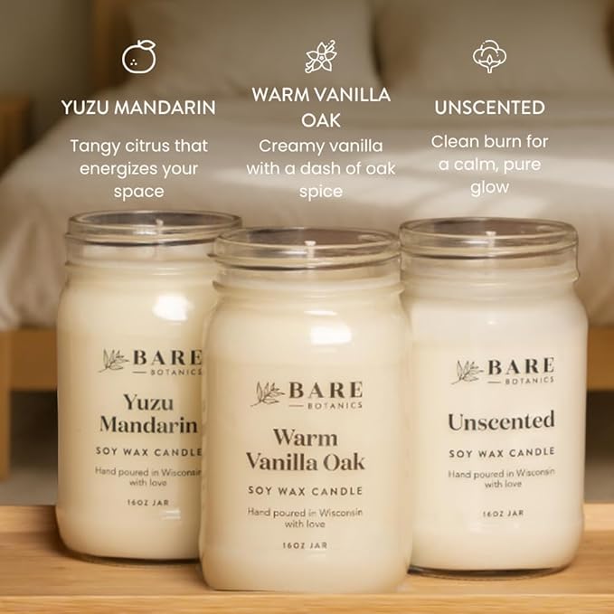 Bare Botanics Warm Vanilla Oak Scented Soy Candle - Premium Candle in 16 oz Mason Jar - 100% Natural Soy Wax & Plant-Based Fragrance Oils, Softly-Scented - Handpoured in WI - 85 Hrs Long Burning