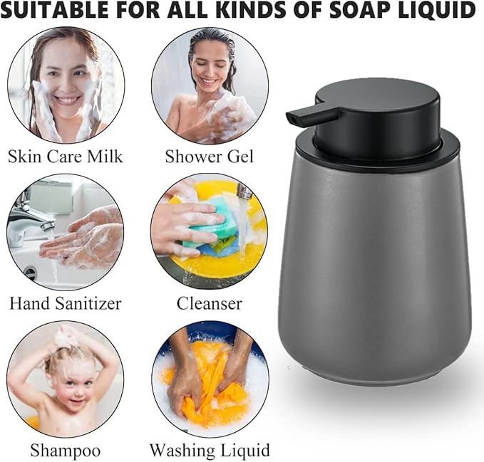 12Oz Grey Hand Soap Dispenser - Modern Ceramic Lotion Soap Dispenser with Easy-to-Press Black Pump, Reusable and Refillable Liquid Soap Dispenser for Bathroom, Dish Soap Dispenser for Kitchen