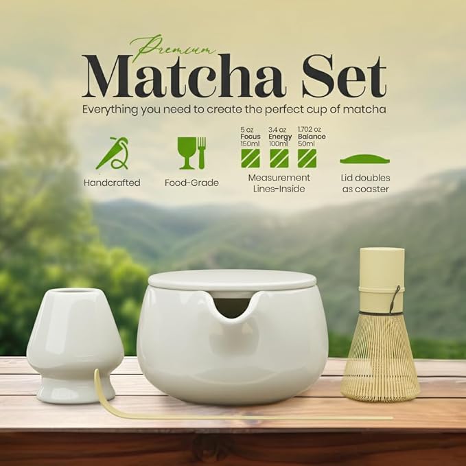 NEXTLUXE Matcha Whisk Set – Traditional Bamboo Chasen with Ceramic Bowl, Matcha Bowl and Whisk Kit - Measurement Lines, Spoon & Lid – White