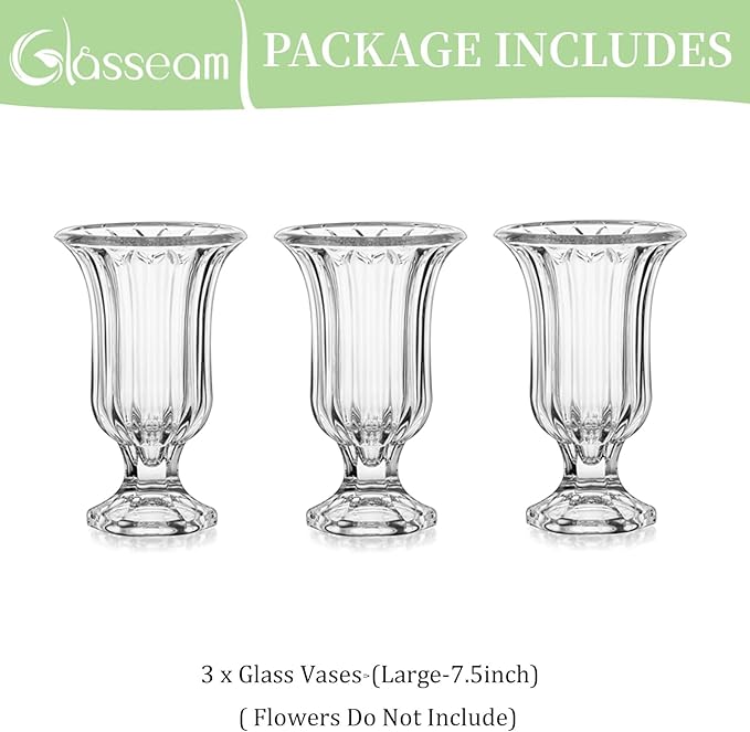 Glasseam Pedestal Glass Vase for Flowers, 7.5in Tall Compote Vase Set of 3, Crystal Clear Vases for Centerpieces, Ribbed Decorative Vases for Home Decor, Cute Footed Urn for Living Room Decorations