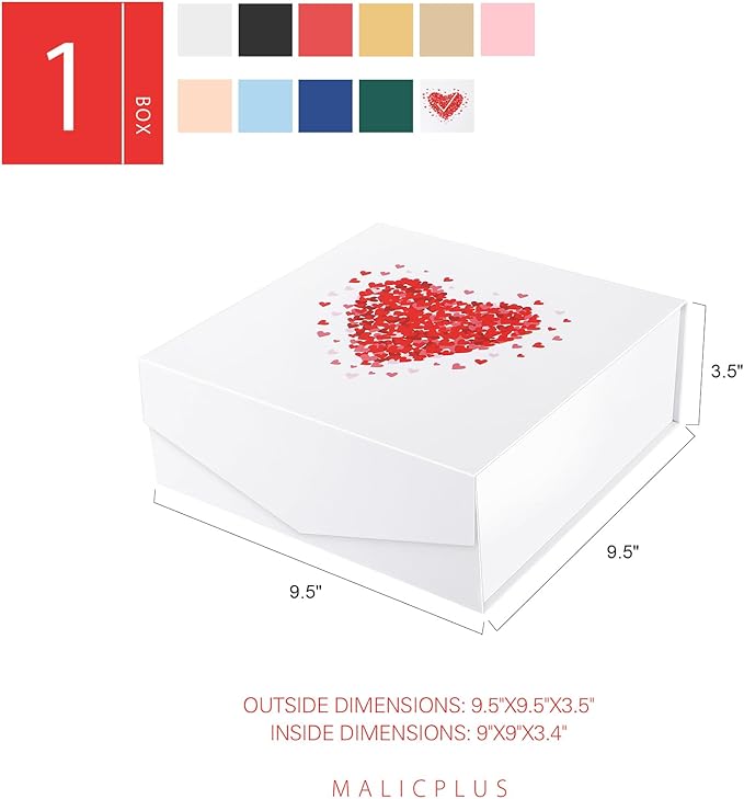 Gift Box with Lid 9x9x3.4 Inches, Heart for Mother's Day, Bridesmaid Proposal Box with Magnetic Closure for All Occasion