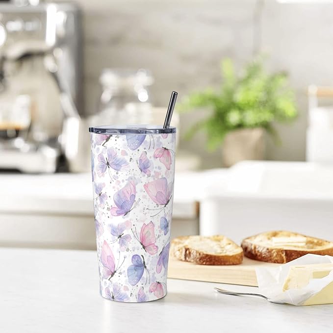 Pink Purple Butterflies Tumbler,Butterflies 20oz Stainless Steel Insulated Travel Tumblers,Travel Coffee Mug with Lid and Straw Water Bottle Drink Tumbler Cups Gifts for Women Men Lovers